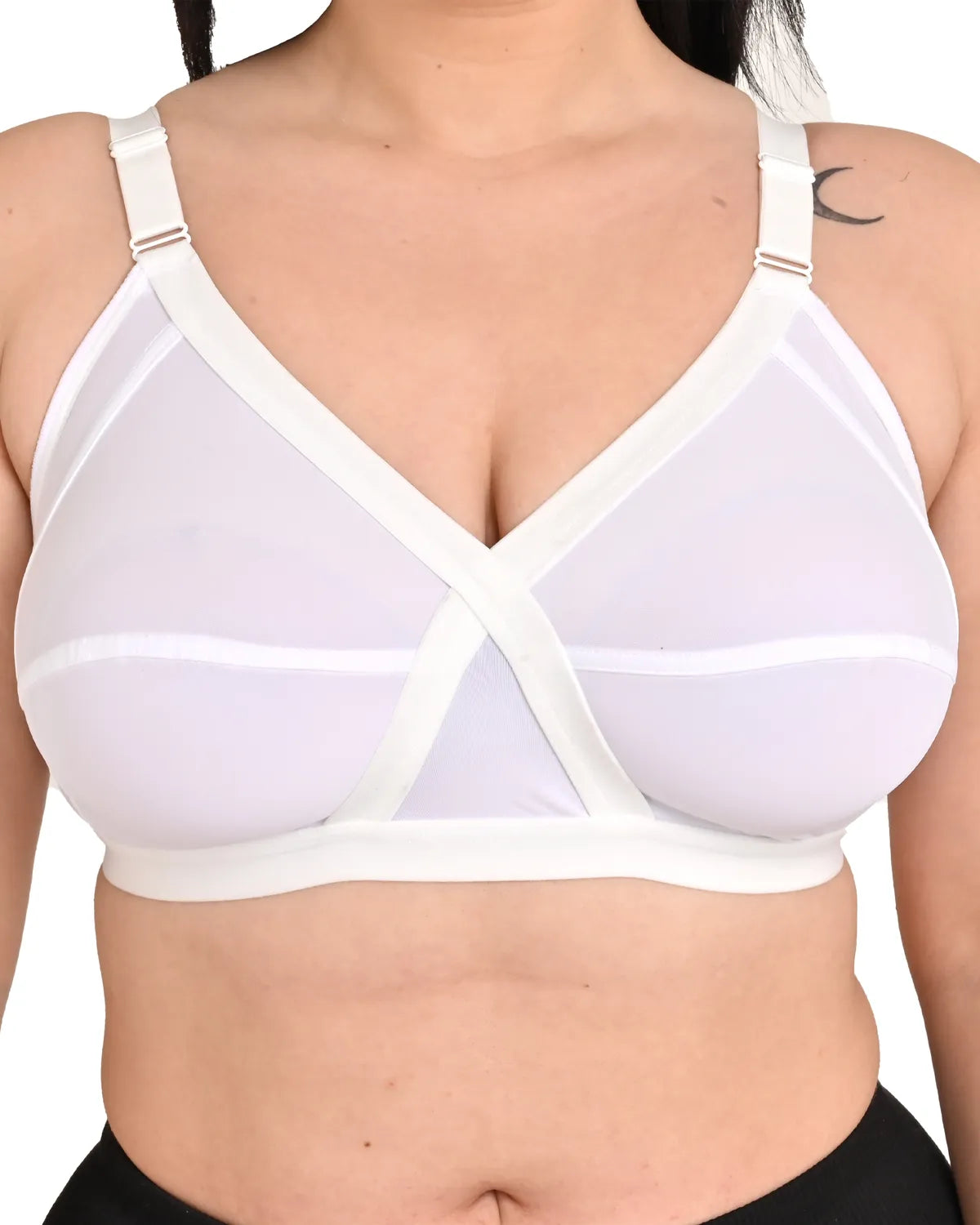 White Women's Cross-Elastic Bra | Fully Stretchable | Spandex Fabric 4 Way | Non-Padded | Non-Wired | Full Coverage