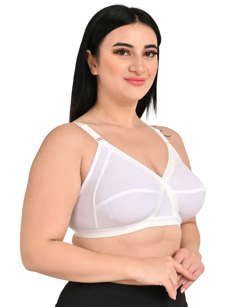 White Women's Cross-Elastic Bra | Fully Stretchable | Spandex Fabric 4 Way | Non-Padded | Non-Wired | Full Coverage