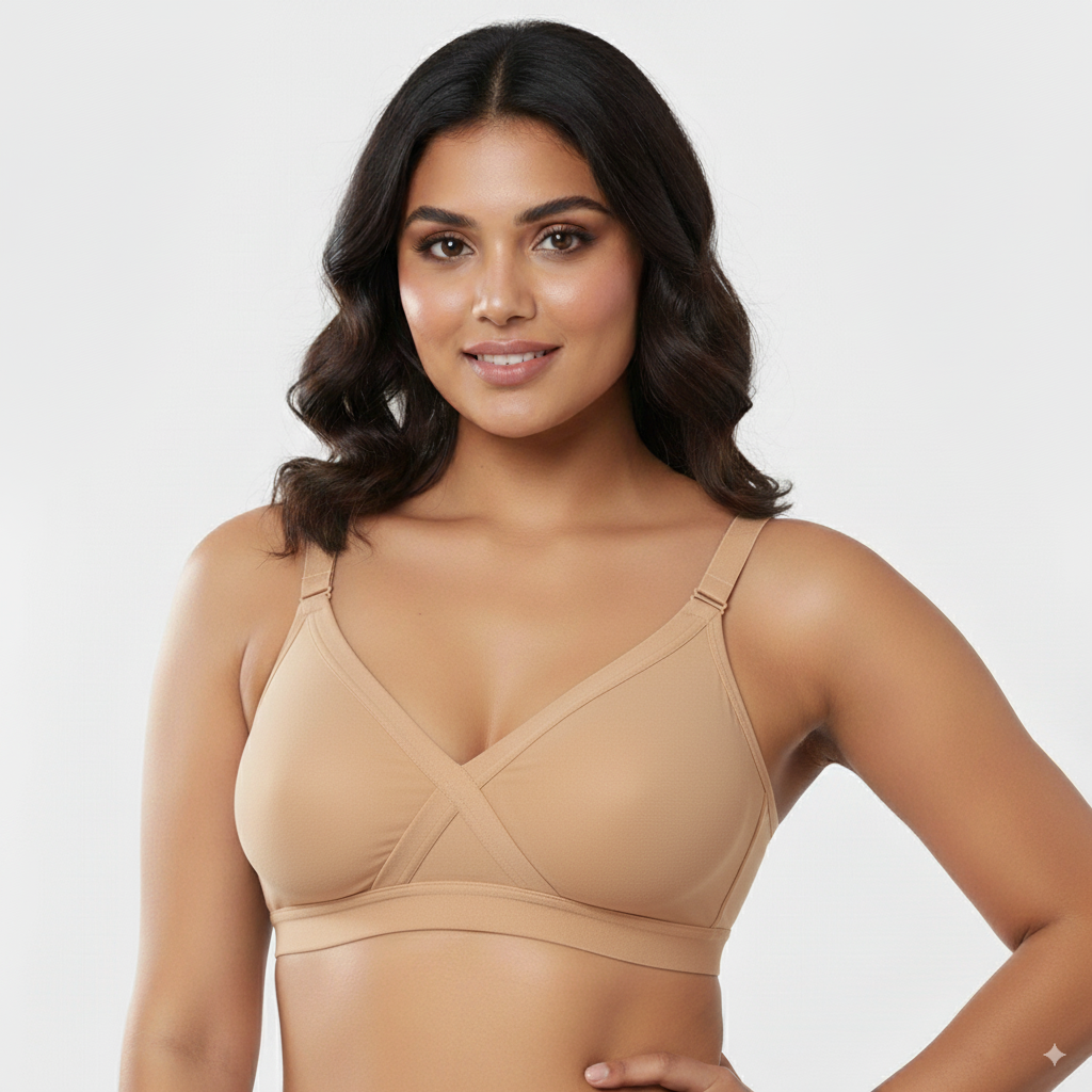 Beige Cross Seemless Regular Cotton Blend Solid Non Padded Soft Strap Plus Size Bra