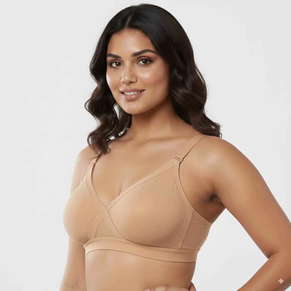 Beige Cross Seemless Regular Cotton Blend Solid Non Padded Soft Strap Plus Size Bra