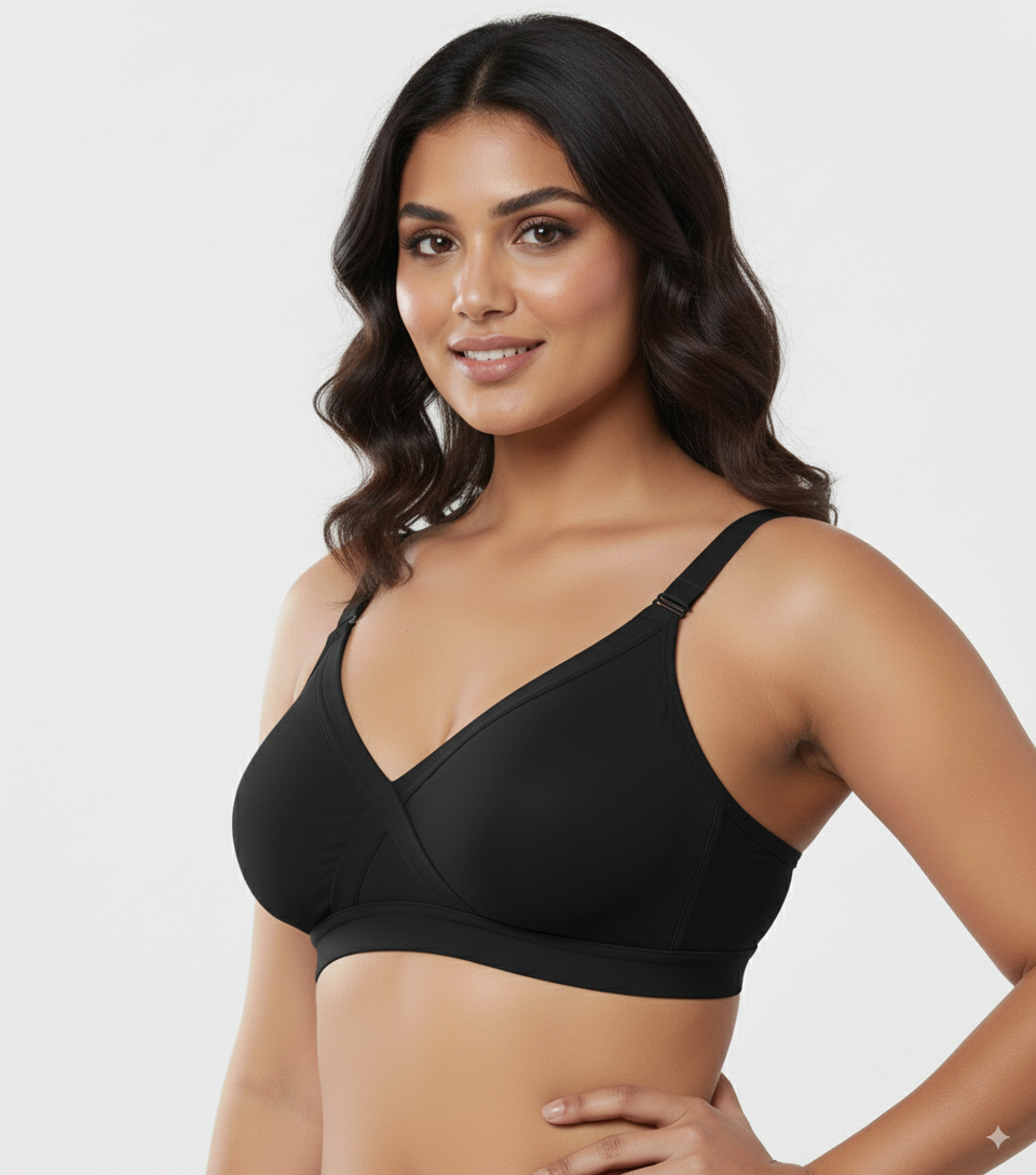 Black Cross Seemless Regular Cotton Blend Solid Non Padded Soft Strap Plus Size Bra