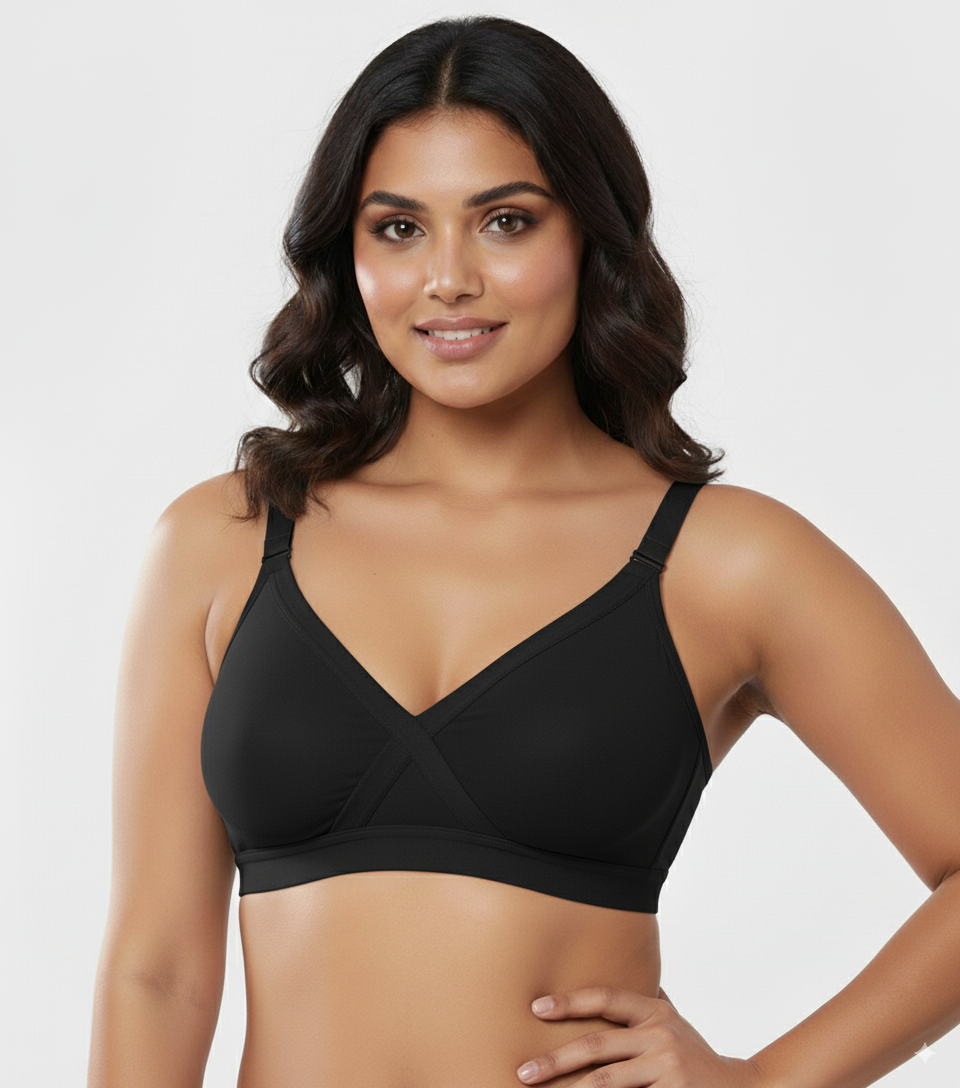 Black Cross Seemless Regular Cotton Blend Solid Non Padded Soft Strap Plus Size Bra