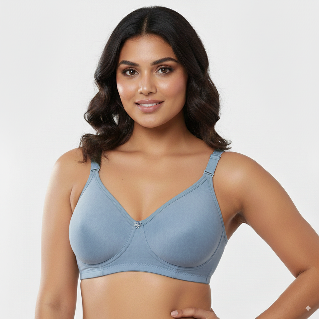 Fanzoh blue cotton full coverage bra worn by model with adjustable straps and smooth cups