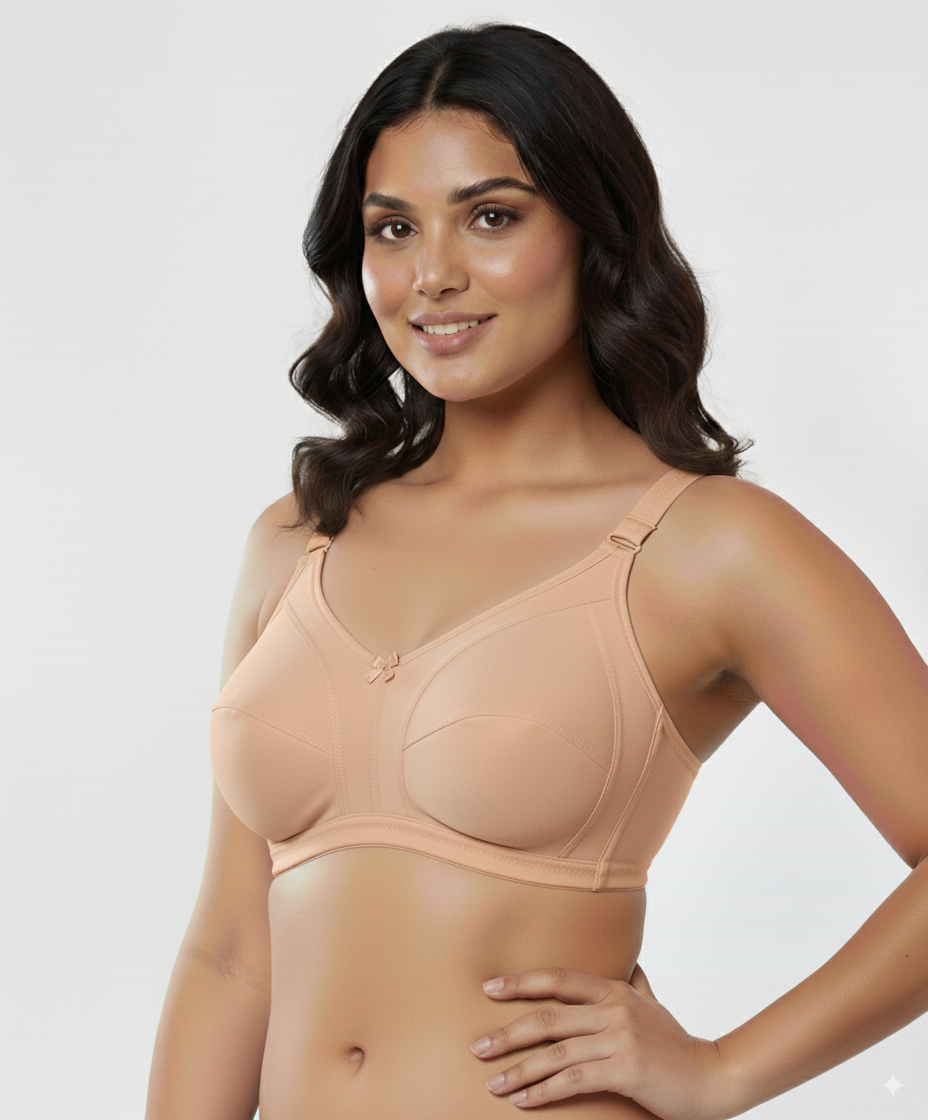 Plus size beige full coverage bra by Fanzoh modeled on woman with adjustable straps