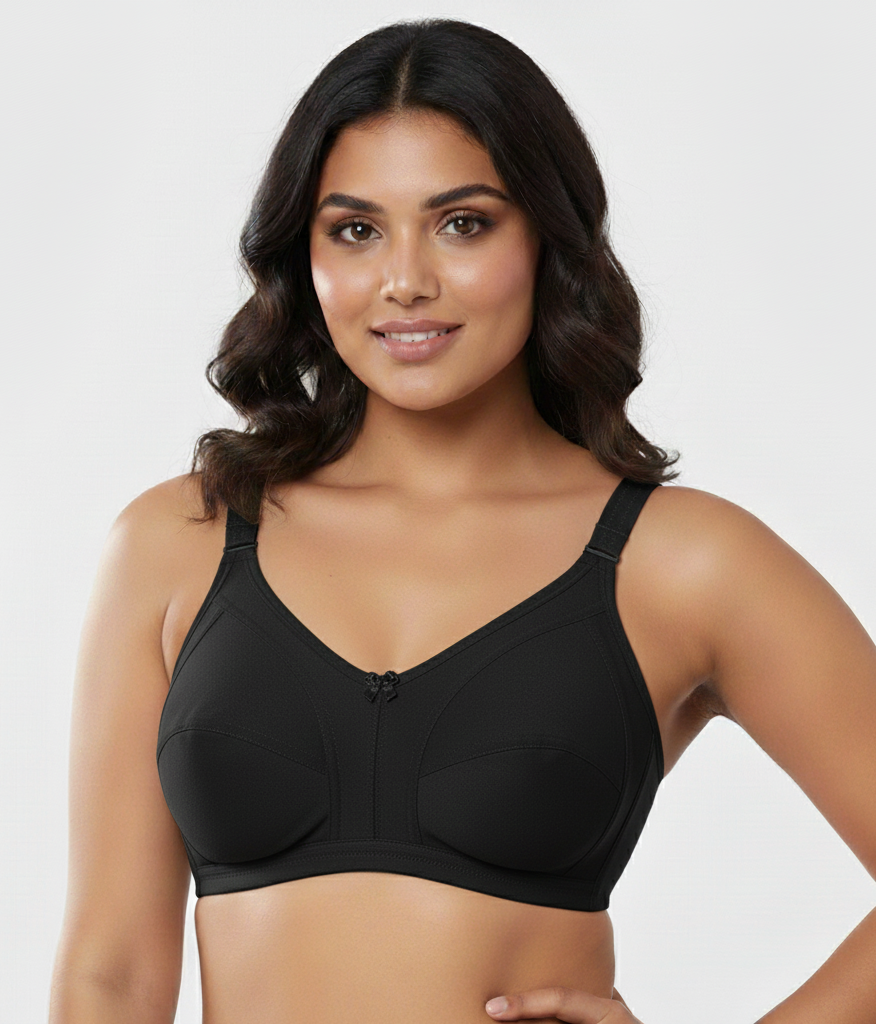 Fanzoh plus size black full coverage bra worn by model with adjustable straps and soft fabric