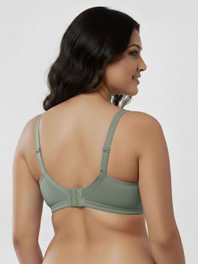 Back view of woman wearing Fanzoh plus size full coverage bra in muted green color