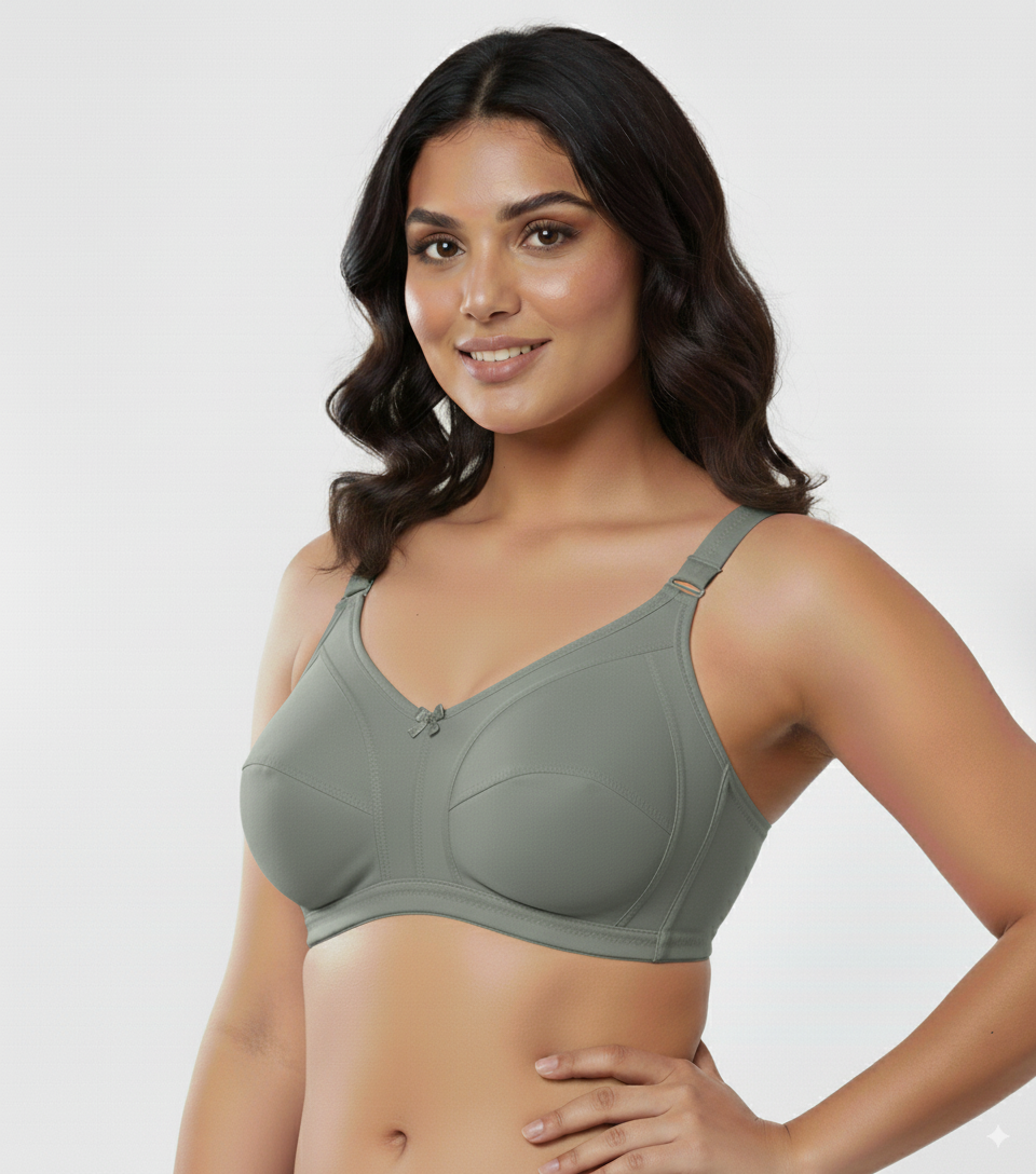 Plus size full coverage bra in gray worn by smiling woman with adjustable straps for comfortable support