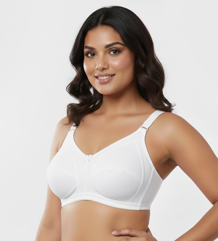 Fanzoh plus size full coverage bra in white worn by smiling woman with adjustable straps
