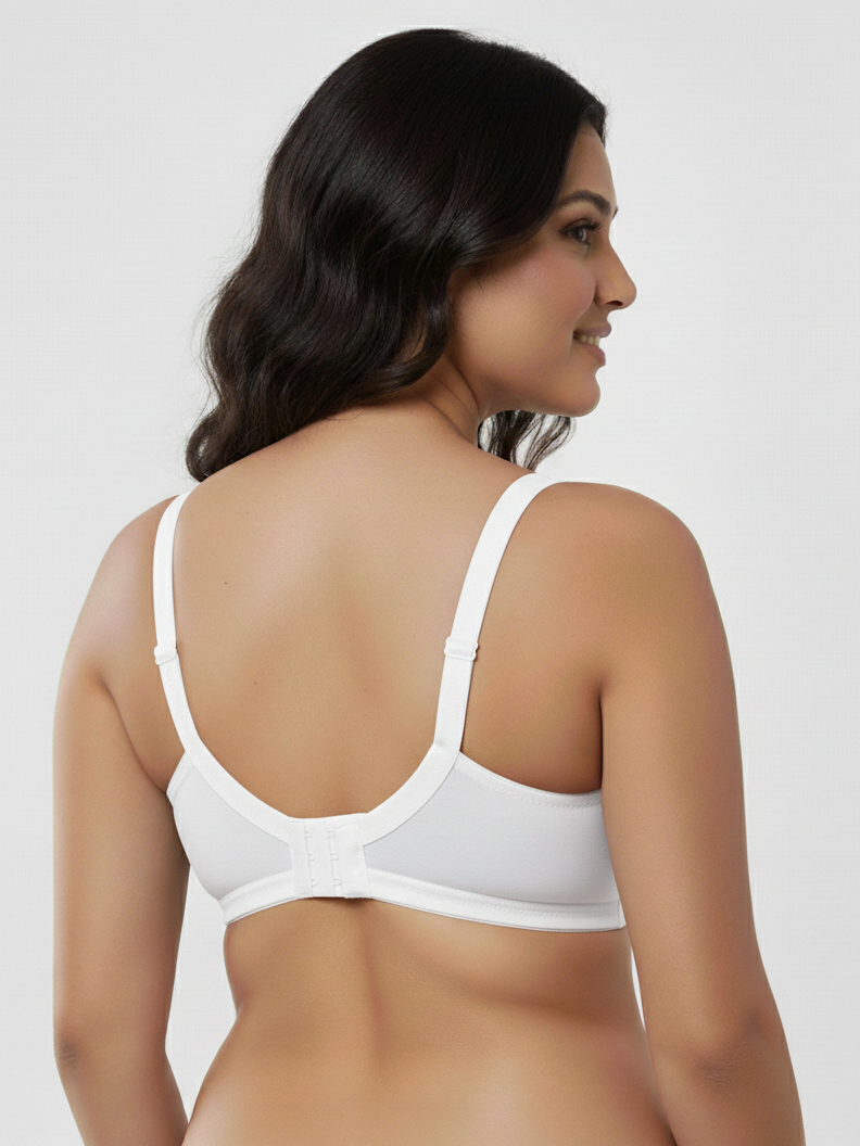 Woman wearing a white plus size full coverage bra from Fanzoh showing back view with adjustable straps