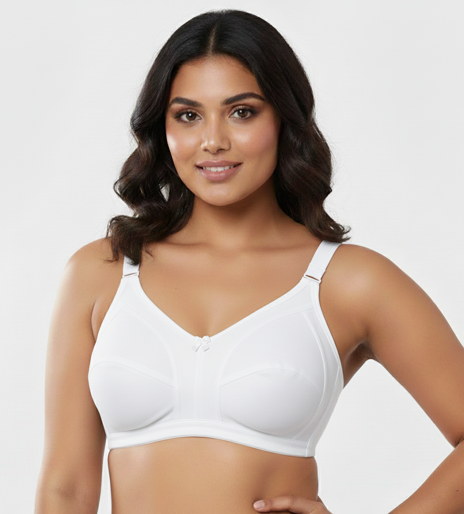 Fanzoh plus size full coverage bra in white worn by a smiling woman with adjustable straps