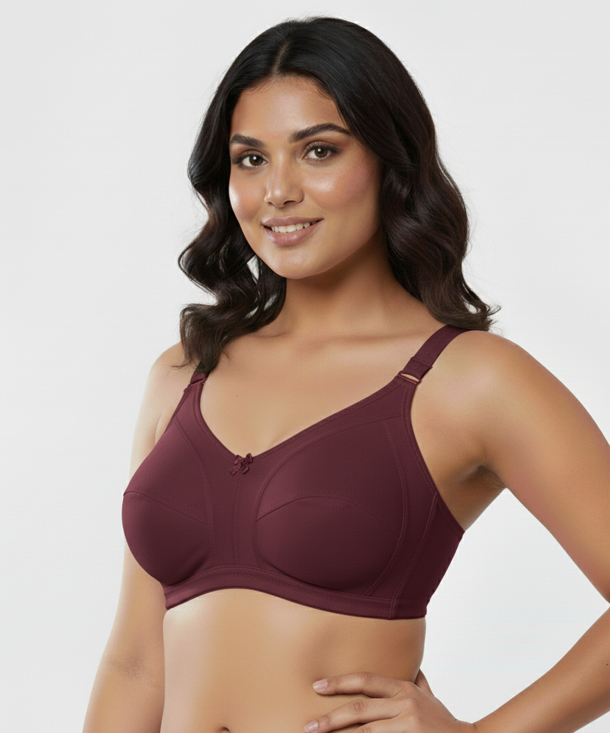 Fanzoh plus size full coverage bra in maroon worn by a smiling model with adjustable straps