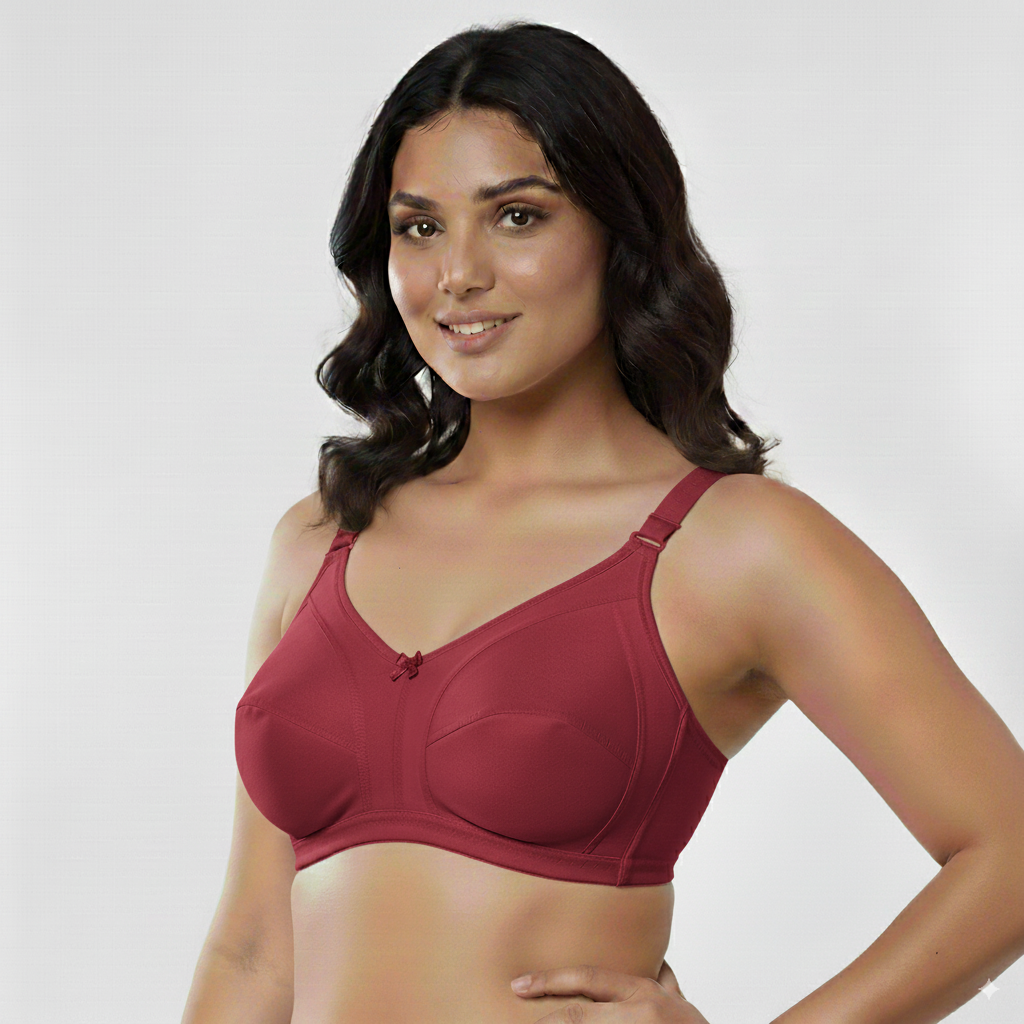 Fanzoh plus size red full coverage bra worn by smiling woman with adjustable straps