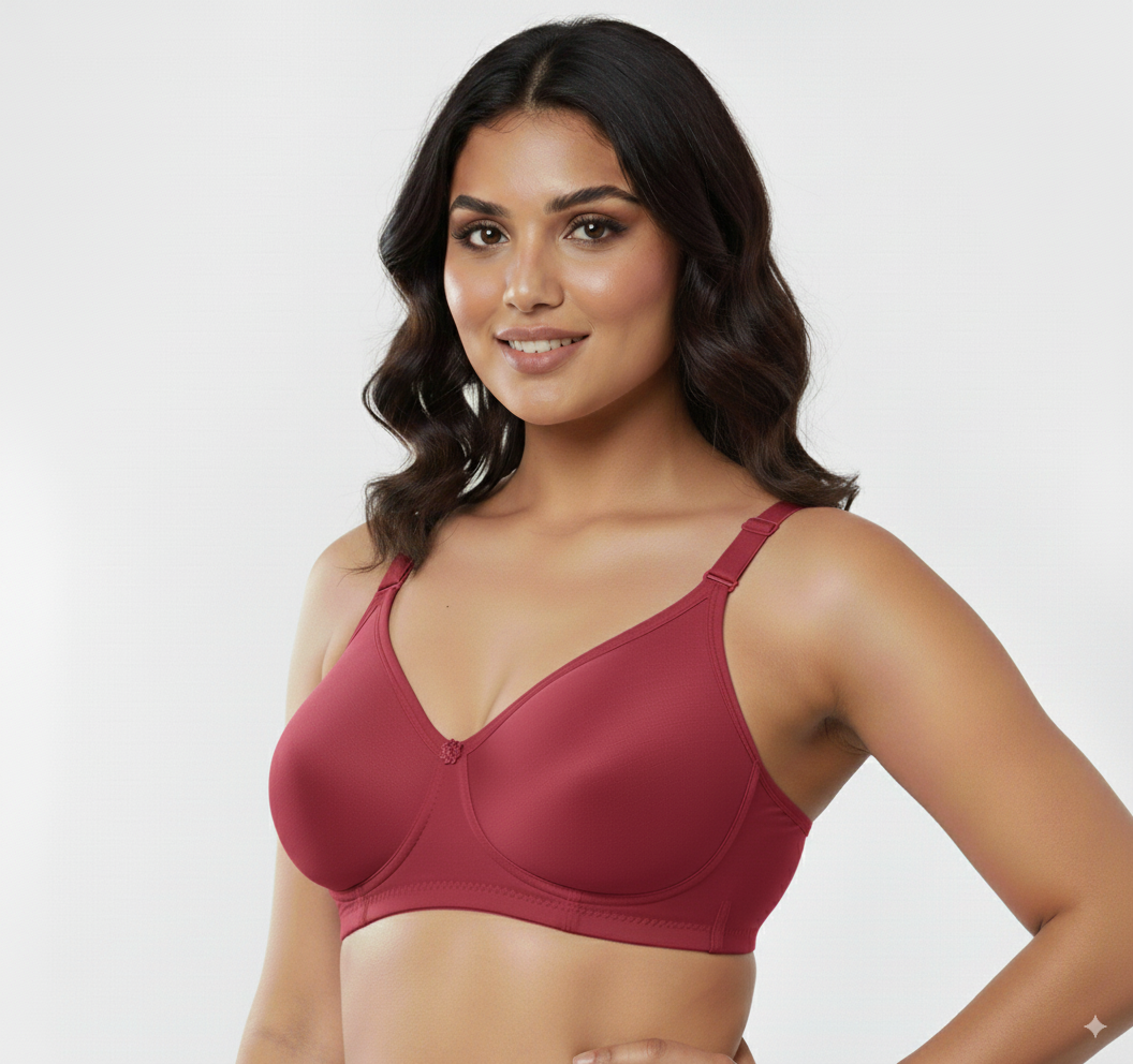 Woman wearing a red seamless cotton bra for women by Fanzoh with adjustable straps