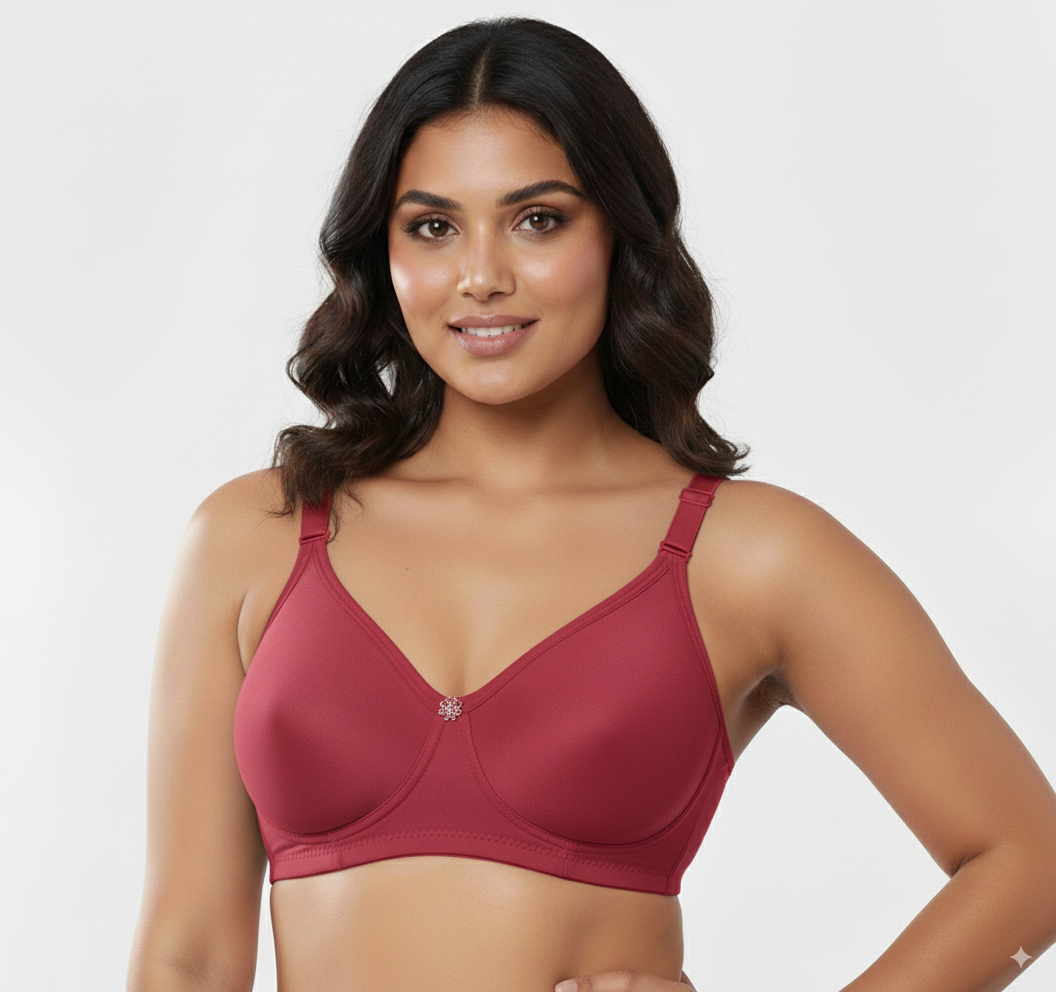 Woman wearing a red seamless cotton bra for women by Fanzoh with adjustable straps and soft fabric