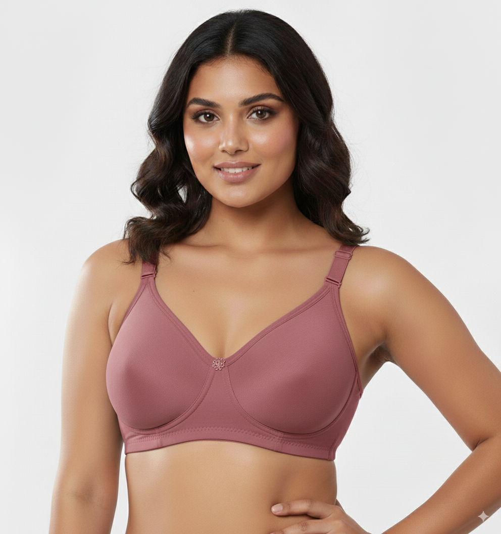 Fanzoh seamless cotton full coverage bra in mauve worn by model with adjustable straps