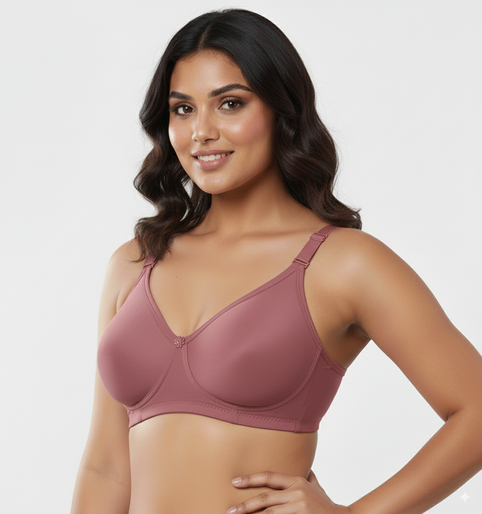 Woman wearing a seamless cotton full coverage bra in mauve color by Fanzoh