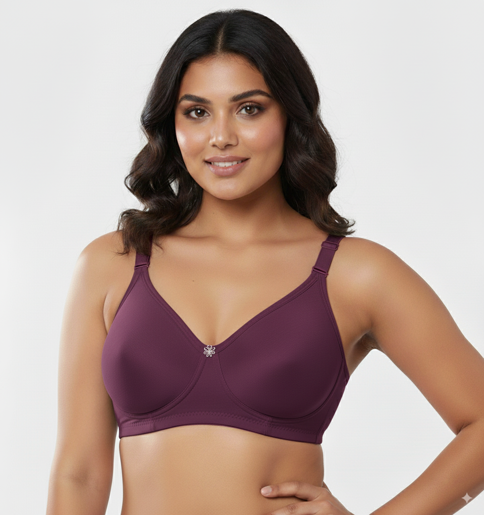 Fanzoh seamless cotton full coverage bra in deep plum worn by smiling woman with adjustable straps