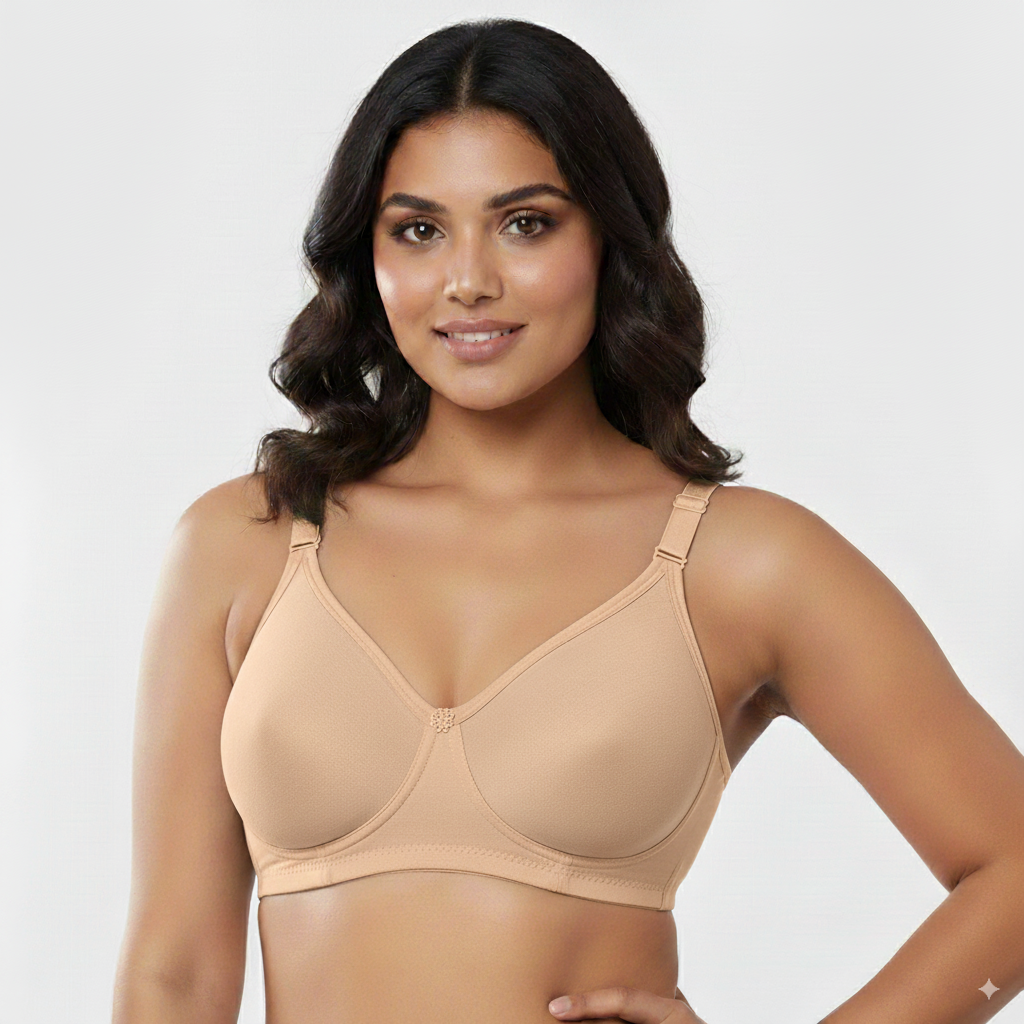 Fanzoh women's seamless t shirt bra in nude color worn by model with adjustable straps