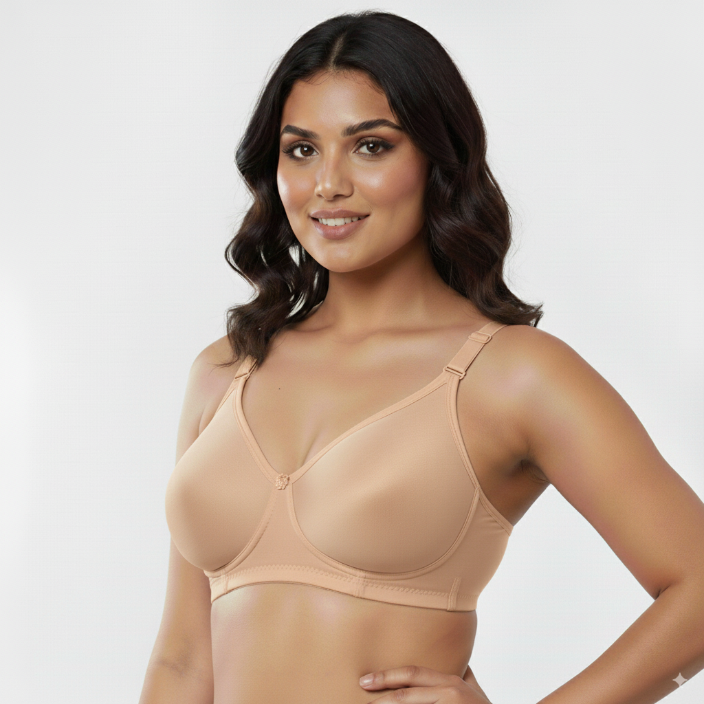 Women’s seamless t shirt bra in beige with adjustable straps and smooth finish by Fanzoh