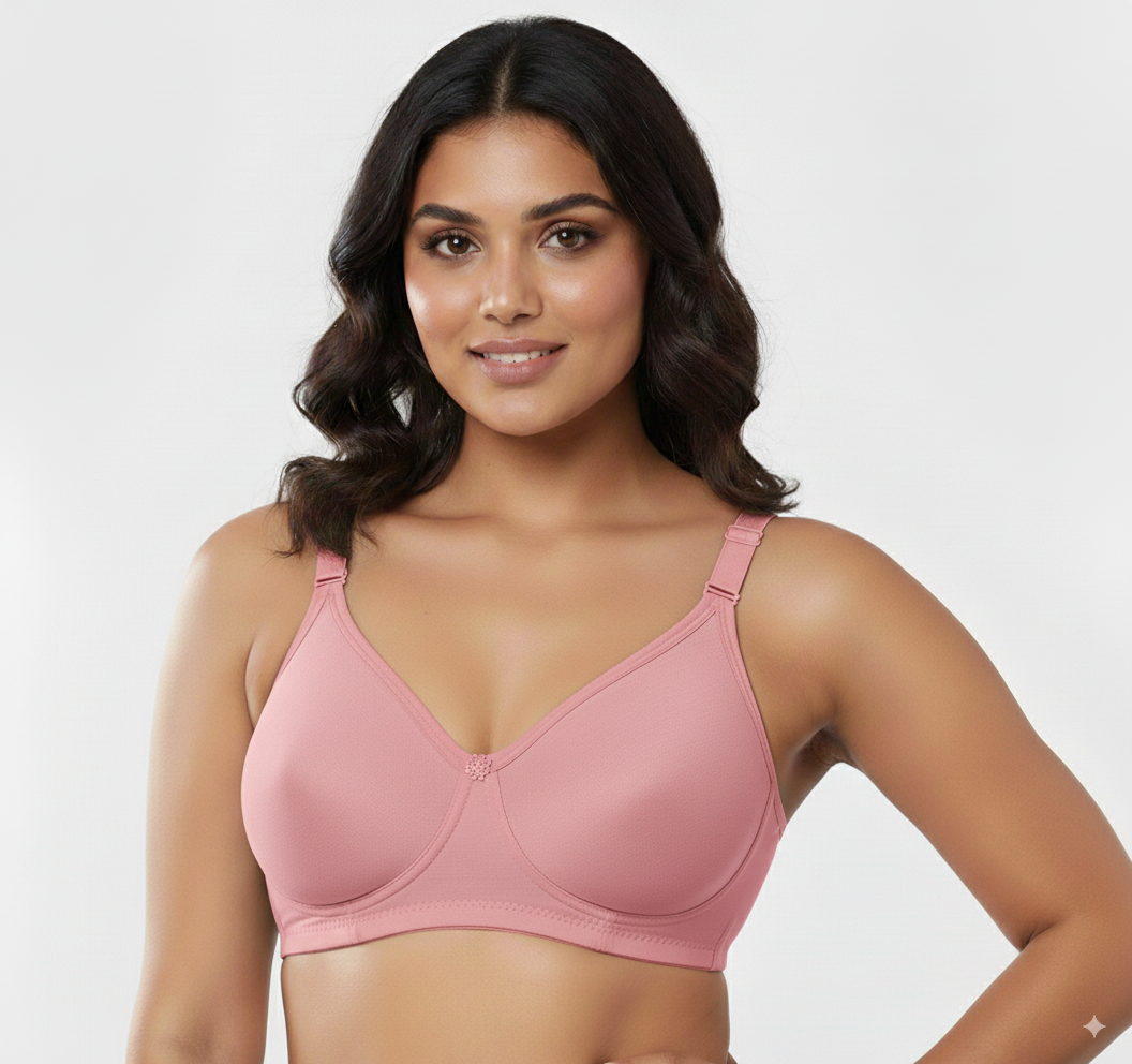 Woman wearing a pink women's seamless cotton bra with adjustable straps by Fanzoh